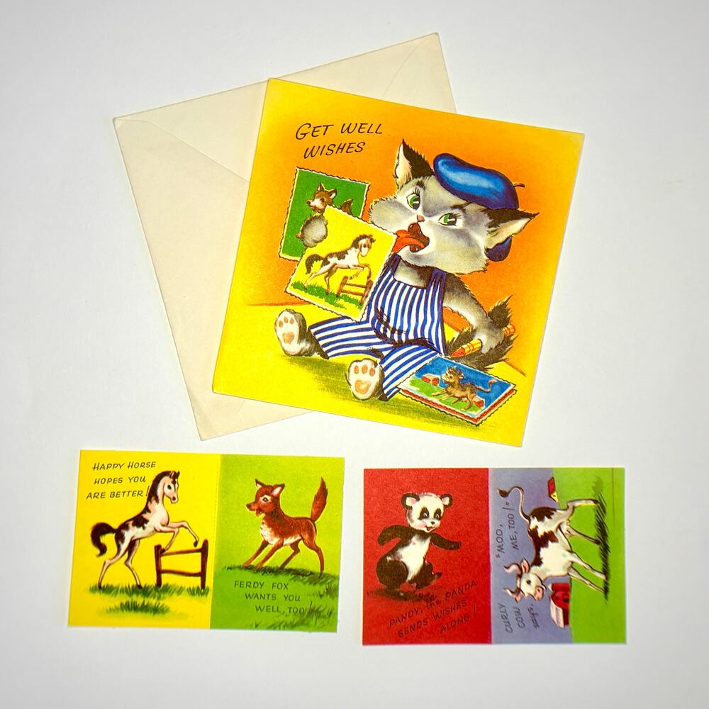 Vtg 1950s Accordion Fold Get Well Wishes Cat Stickers Greeting Card Unused Rare